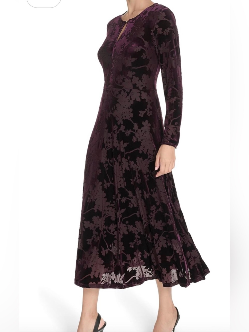 tommy hilfiger aubergine burnout velvet long Sleeves Keyhole Neck Midi Dress